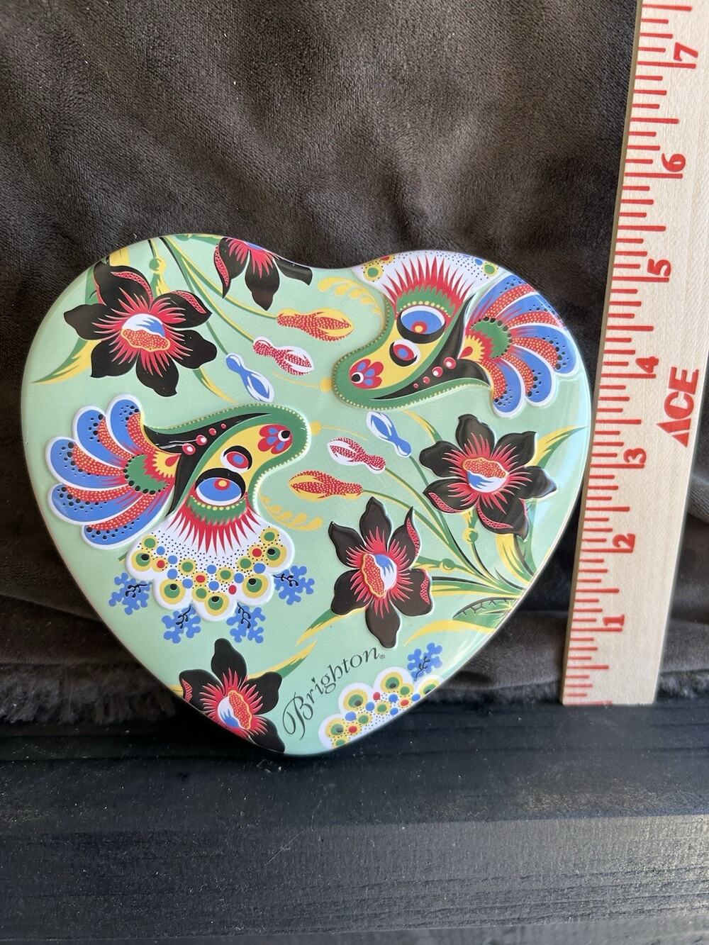 Brighton Jewelry Embossed Heart Box Tin Floral Peacock Green Yellow Hippy Boho